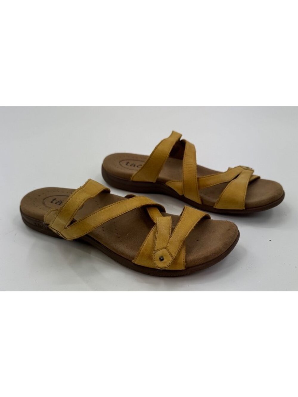 Taos Double U Yellow Leather Crisscross Sandals Size 8 With Cushioned Footbed